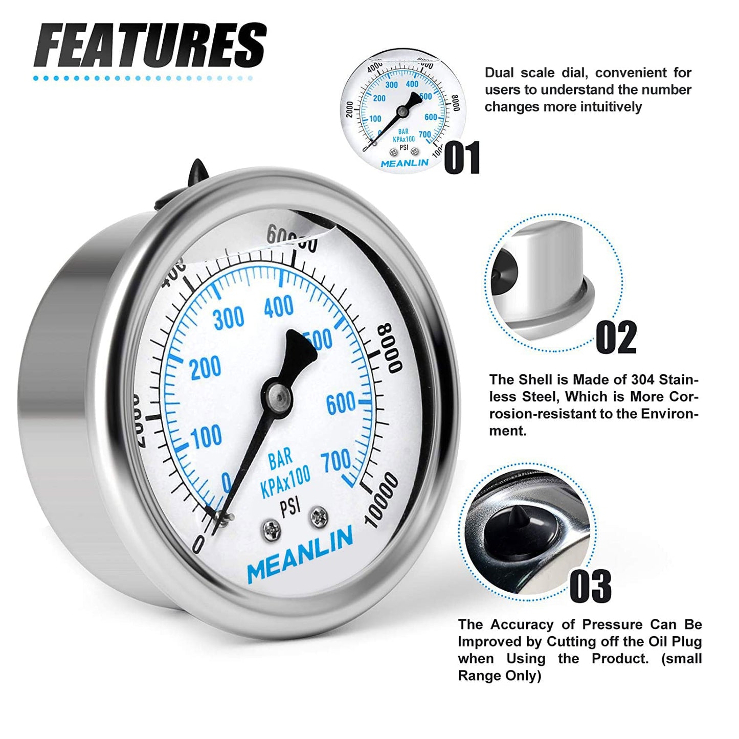 MEANLIN MEASURE 0~10000Psi Stainless Steel 1/4" NPT 2.5" FACE DIAL Liquid Filled Pressure Gauge WOG Water Oil Air Center Back Mount, with 1/4" x 1/2" NPT and 1/4" x 3/8" NPT Hex Bushing
