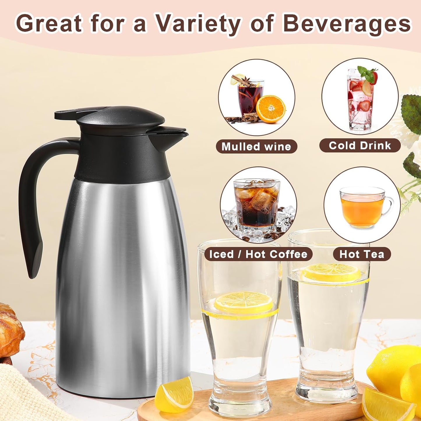 Norme 2 Pcs Thermal Coffee Carafe Insulated Stainless Steel Coffee Carafe for Hot Liquid Vacuum Thermal Pot Creamer Pitcher Dispenser with Brushes Keeping Hot Water Milk(Silver,51 oz)