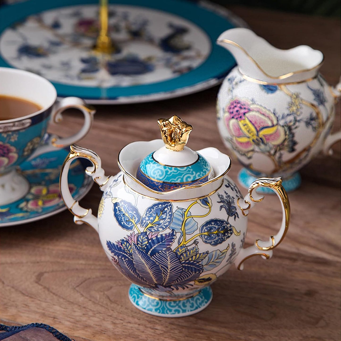 ACMLIFE Tea Sets for Adults for 6, Blue Tea Set with Cups, Fine Bone China 24K Gold, Tea Pot and Cups Set, Vintage British English Porcelain Afternoon Service Sets for Women Tea Party for Luxury Gift