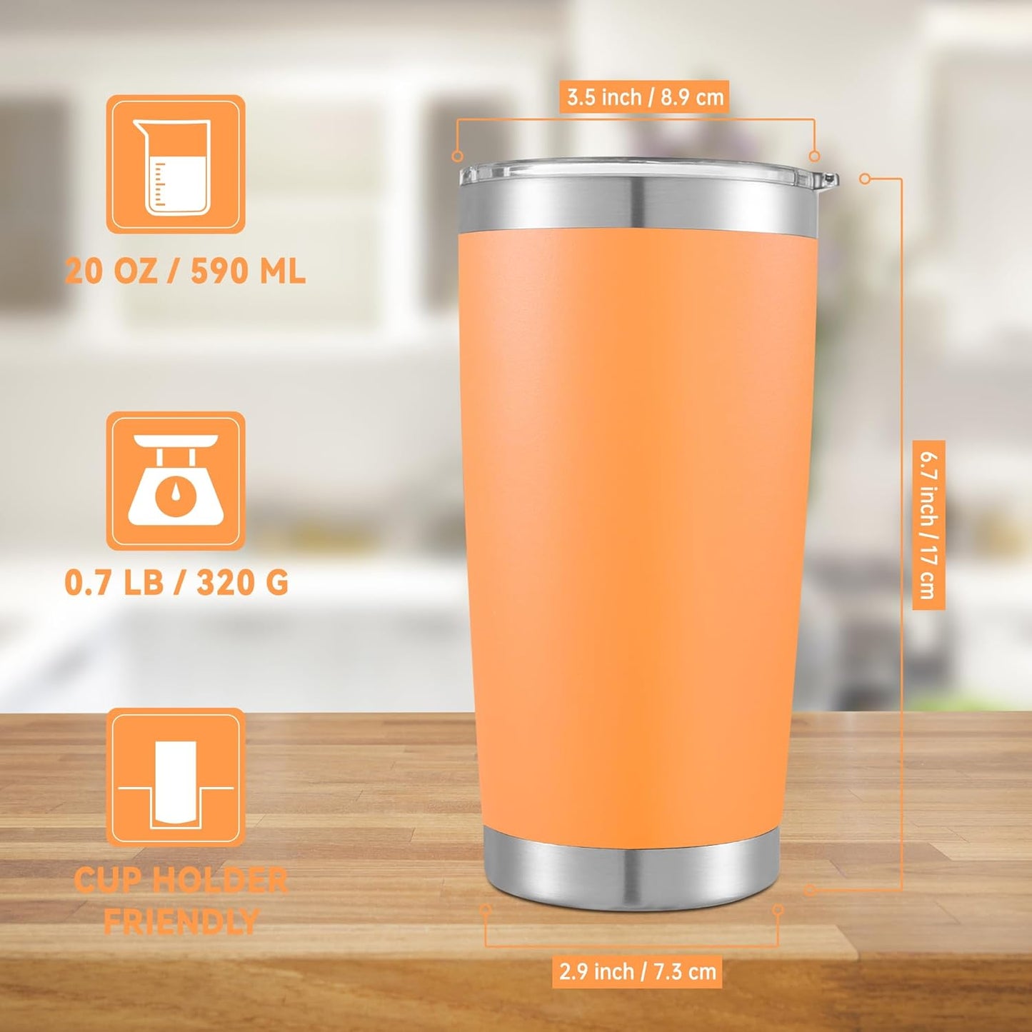 20 oz Tumbler Stainless Steel Tumblers with Lid Double Wall Vacuum Insulated Coffee Mug 20oz Powder Coated Cup for Hot and Cold Drinks, Orange, 1 pack
