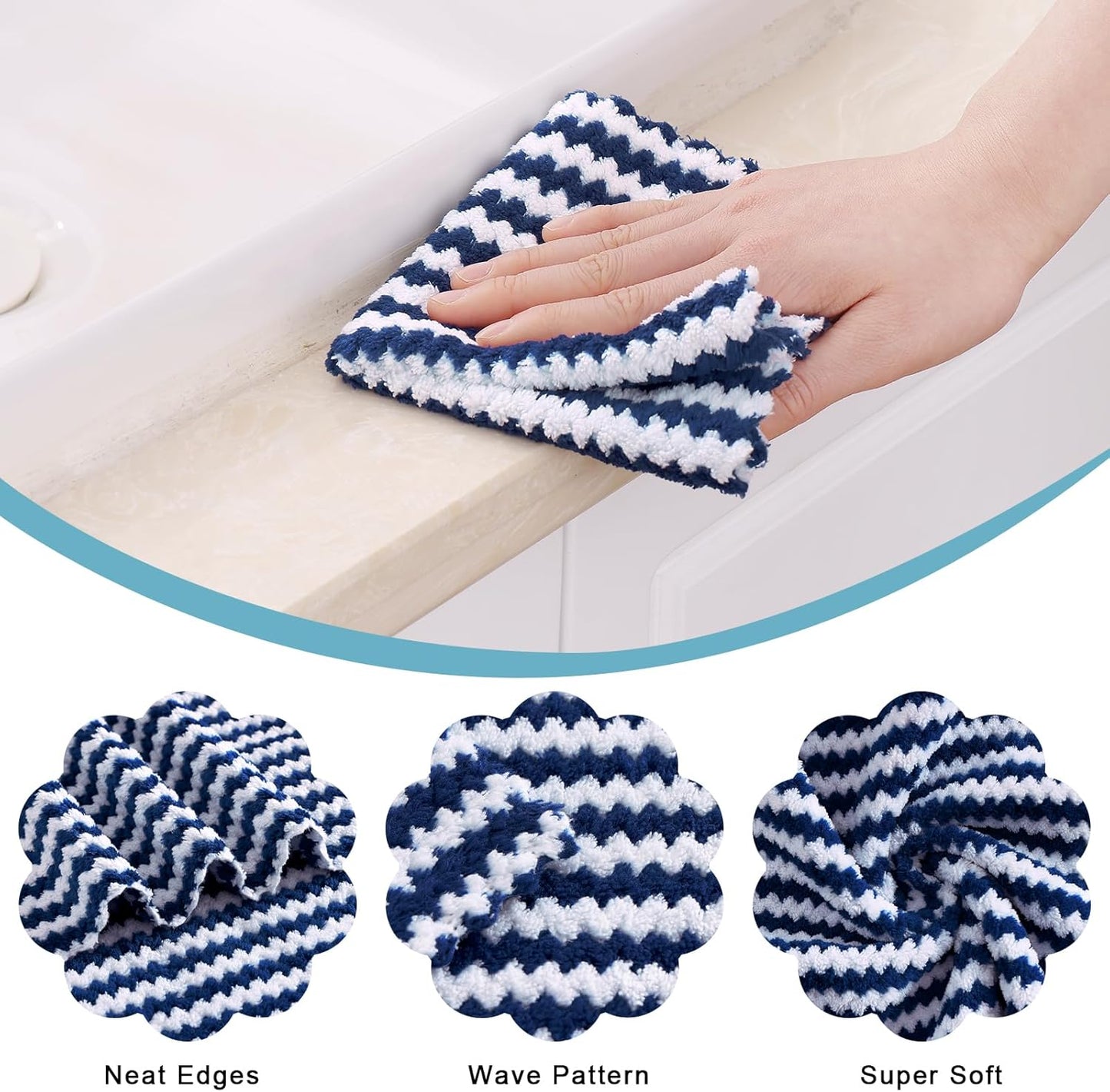Homaxy 18 Pack Kitchen Dish Cloths, Ultra Soft and Absorbent Dish Towels, Reusable Fast Drying Microfiber Cleaning Cloth, Coral Velvet Wave Design No-lint, 10 x 10 inches, Navy Blue