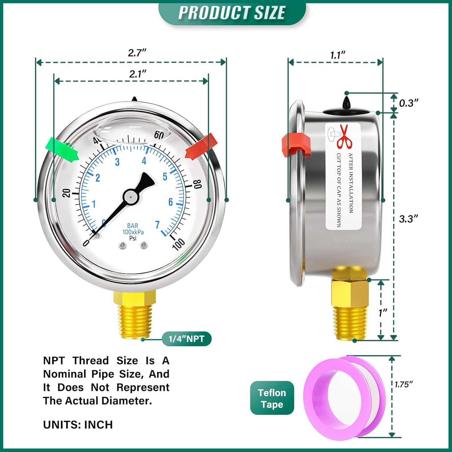 0-100psi Stainless Steel 1/4" NPT 2.5" Dial, Glycerin Liquid Filled Pressure Gauge Lower Mount for Pressure Testing of Water, Oil and Air (with Range Mark Pointer)