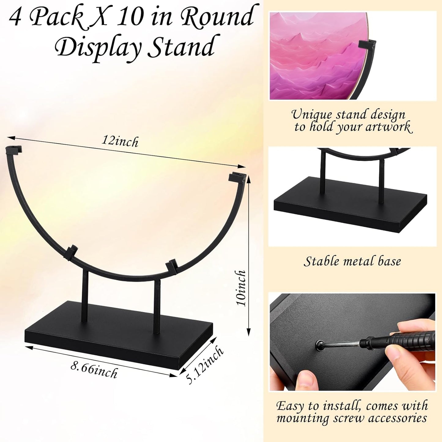 Blulu 4 Pcs 12 Inch Round Metal Display Stands for Stained Glass Art Fused Display Stands Decorative Fused Glass Art Base for Plate Picture Platter Photo(Black)