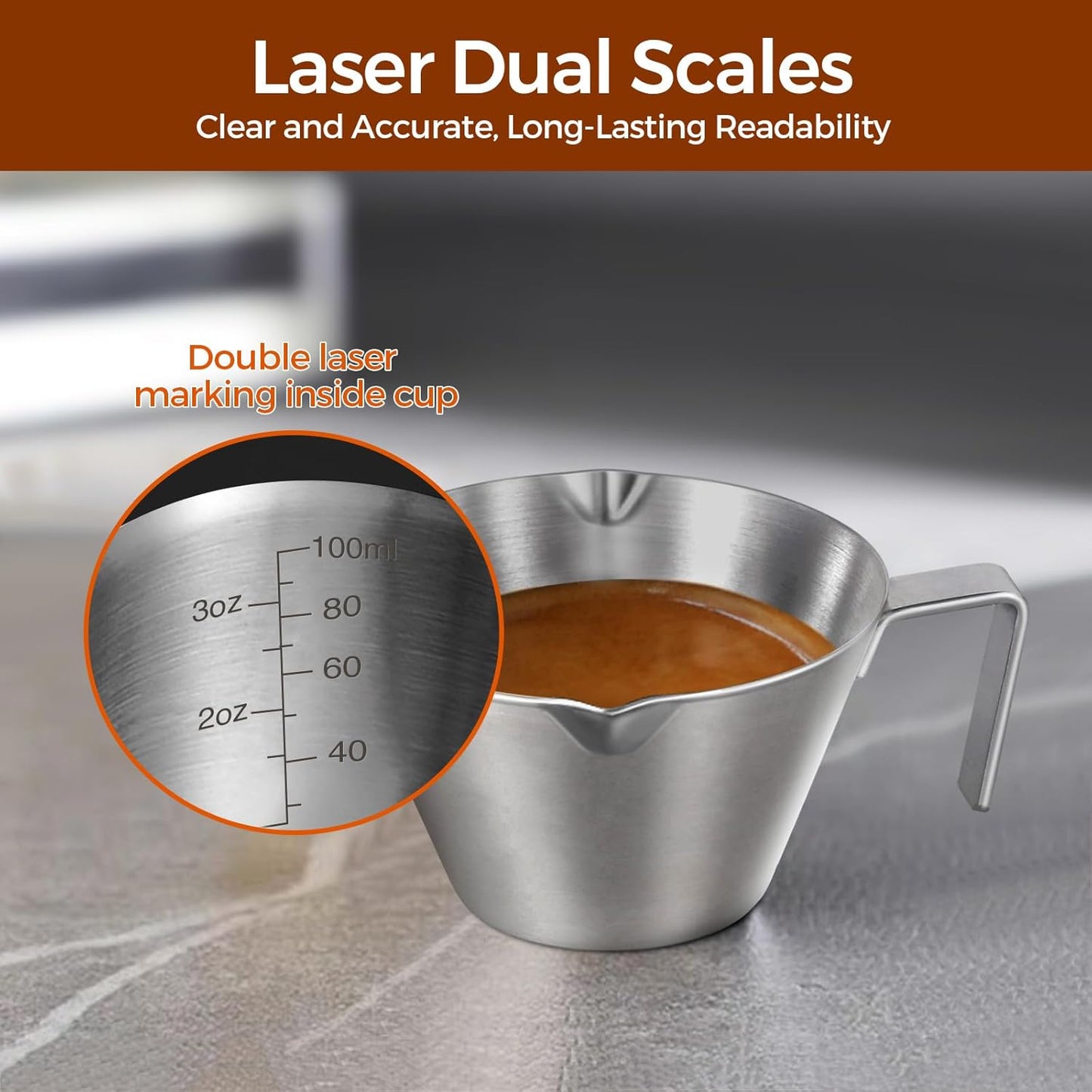 2 Pcs Stainless Steel Espresso Cups with Handle, Double Spout Metal Measuring Cup with Dual Scale, Espresso Shot Cup with V-Shaped Mouth, 3.4oz/100ml (Black)