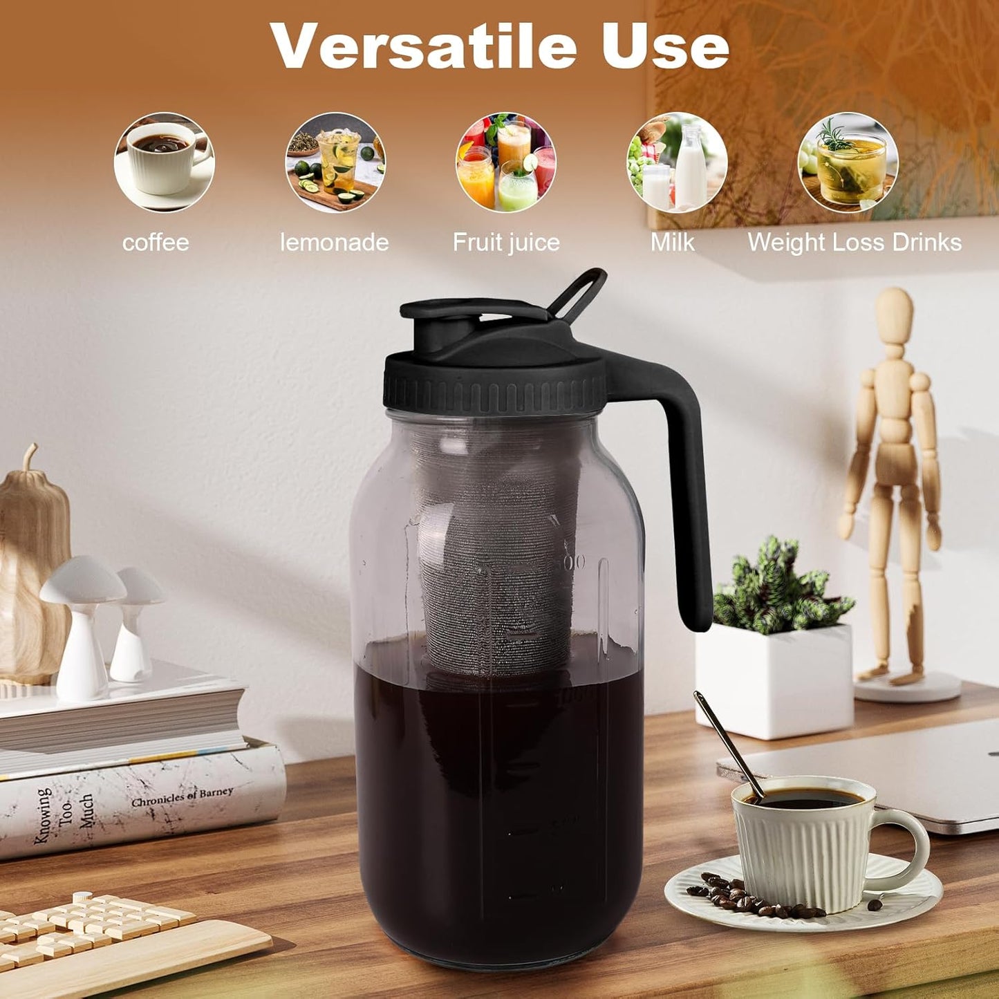 Cold Brew Coffee Maker,64 oz Mason Jar Pitcher with Stainless Steel Filter, Pour Spout Handle Lid, Heavy Duty Glass Airtight & Leak-Proof Pitcher for iced coffee Tea Lemonade