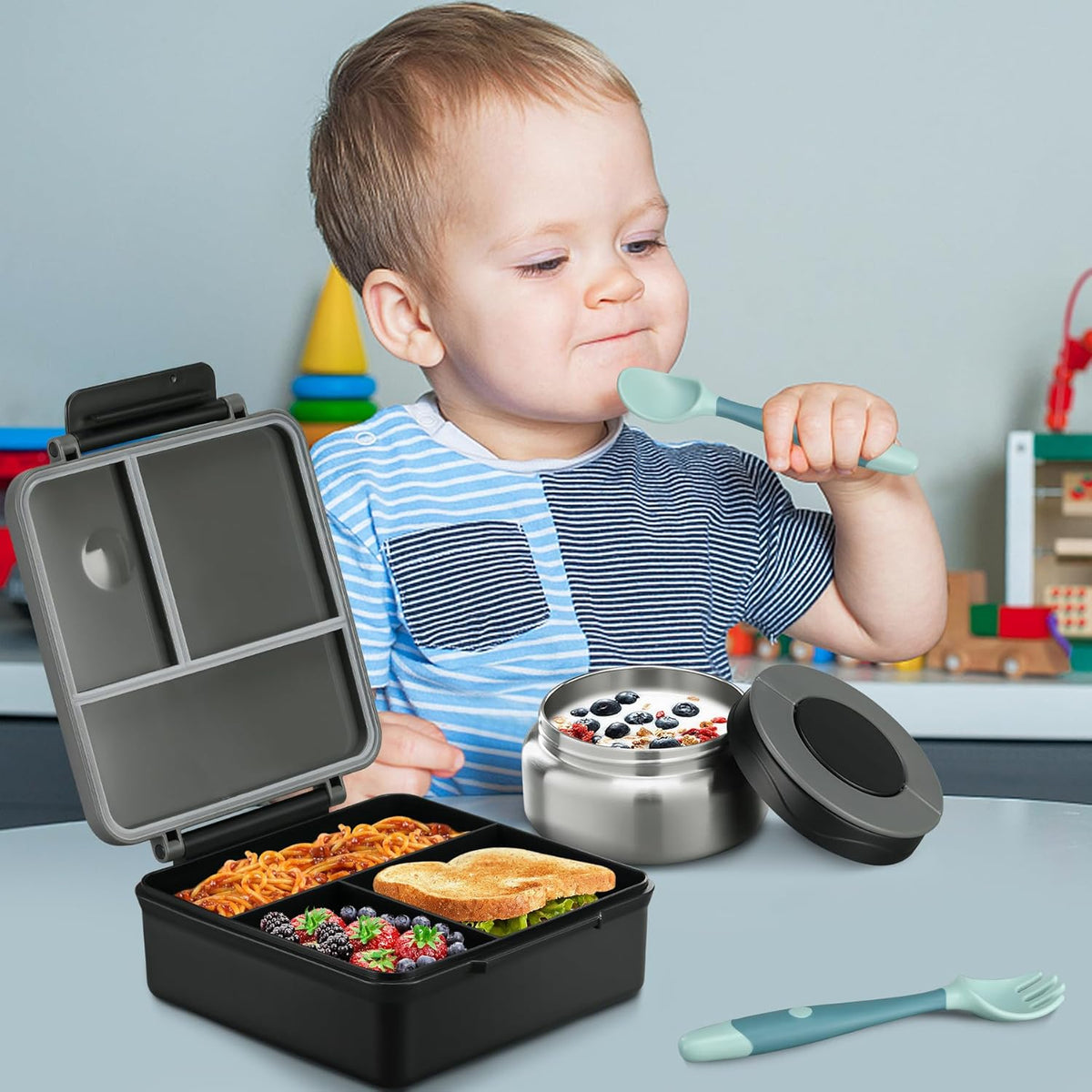Bento Lunch Box for Kids with 8oz Soup Thermo&Lunch Bag, Leak-Proof Lunch Food Containers with 4 Compartment, Hot Food Insulated Food Jar for Kids School (Black)