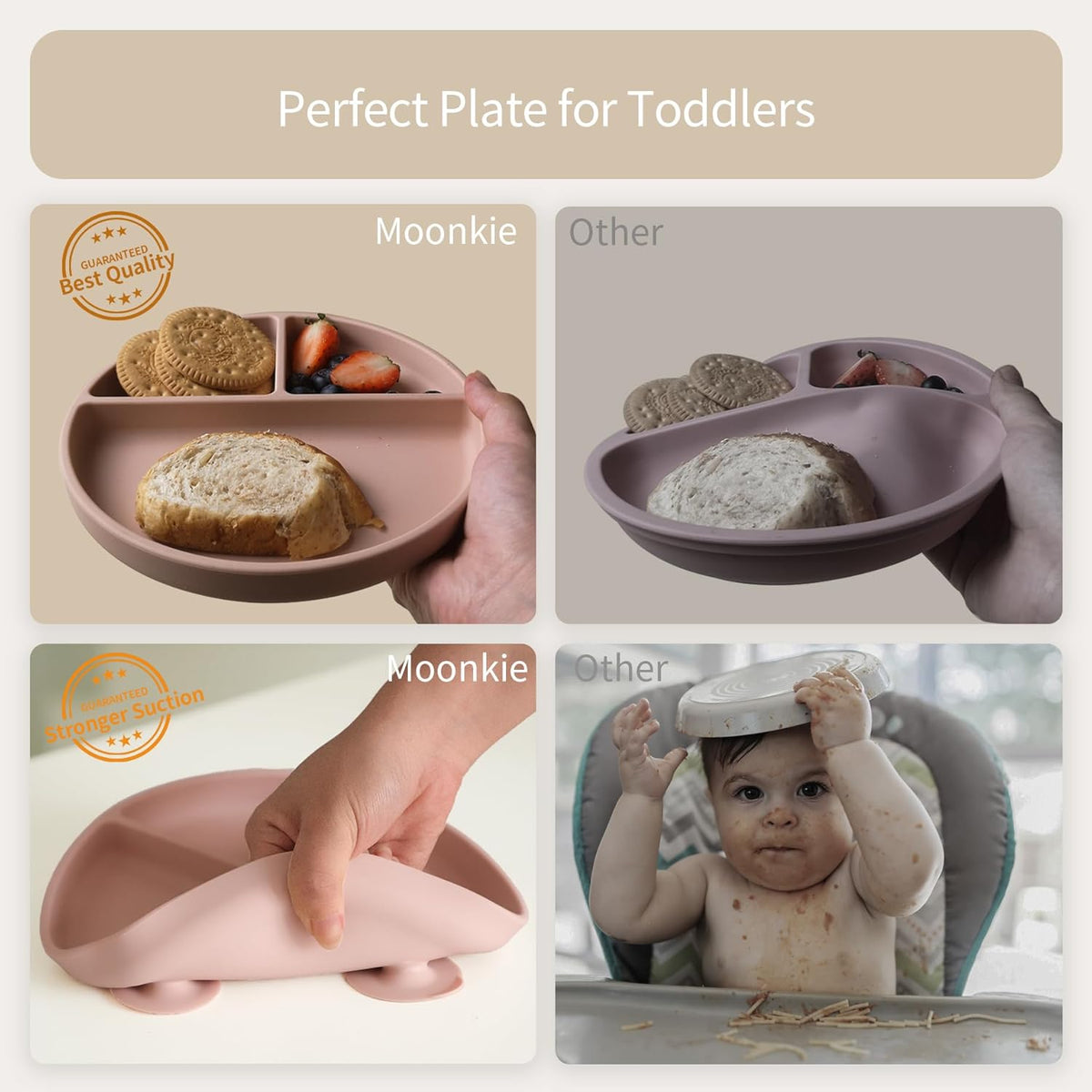 Moonkie Suction Plates for Baby | 100% Silicone BPA-Free Baby Plates with Lids and Food Cover | Divided Design | Microwave and Dishwasher Safe | Toddler Plates 3 Pack