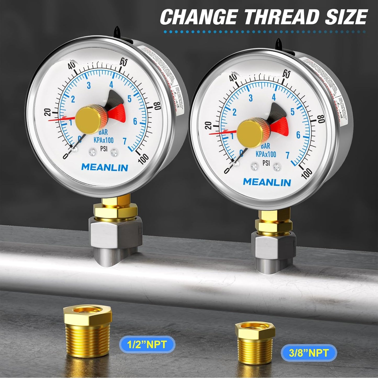MEANLIN MEASURE 0~100Psi Stainless Steel 1/4" NPT 2.5" FACE DIAL with Reset Pointer Liquid Filled Pressure Gauge WOG Water Oil Air, Lower Mount, with 1/8" x 1/4" NPT and 1/8" x 3/8" NPT Hex Bushing