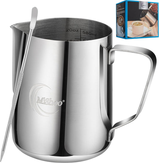 MiShoo® Milk Frothing Pitcher, 20oz Steaming Pitcher 304 Stainless Steel Espresso Machine Accessories for Coffee Bar, Cappuccino Barista Tools Milk Jug Steamer Frother Cup with Latte Art Pen