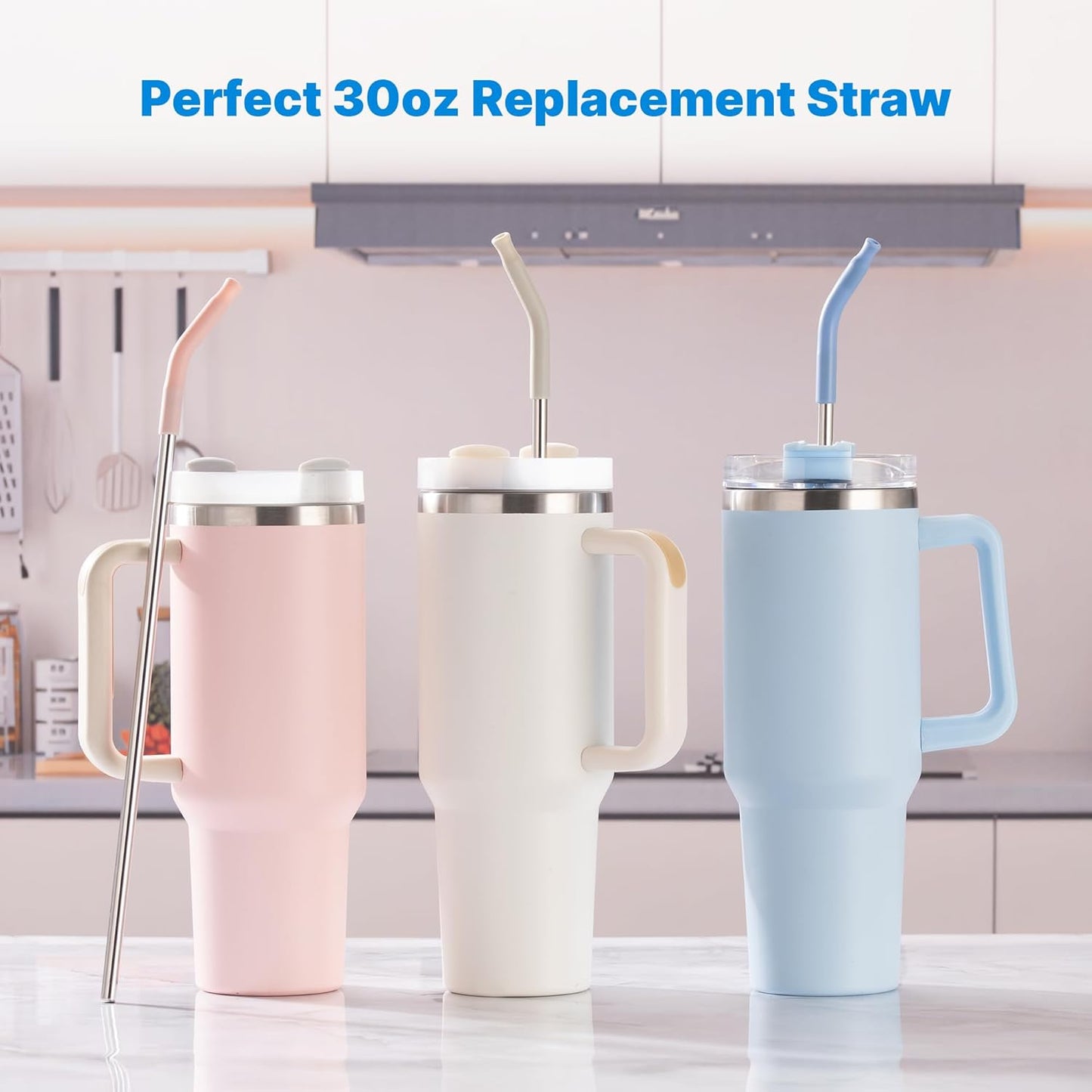 Repeatable Metal Straw with Silicone Tips for 30 oz Stanley Tumbler, 2 Pcs 30 oz Stainless Steel Straws Replacement for Stanley Tumbler, 1 Straw Brush, BPA Free（Mallow Purple）