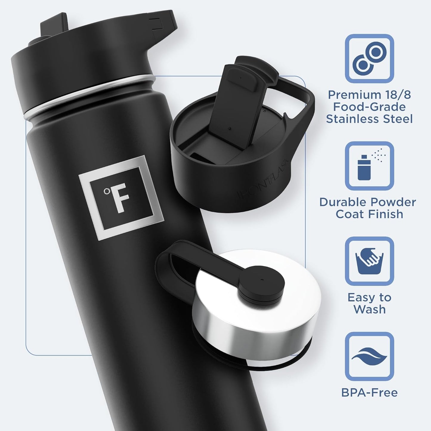 IRON °FLASK Camping & Hiking Hydration Flask with 3 Lids - Stainless Steel, Double Walled & Vacuum Insulated Water Bottle - Leak Proof & BPA Free (Dark Rainbow, Straw - 22 oz)