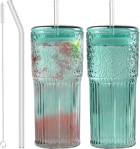 Glass Coffee Cups with Lids and Straws, 20 OZ Green Iced Water Glasses Tumblers for Ice Juice, Tea, Milk, Smoothie and Cold or Hot Drinks, Set of 2