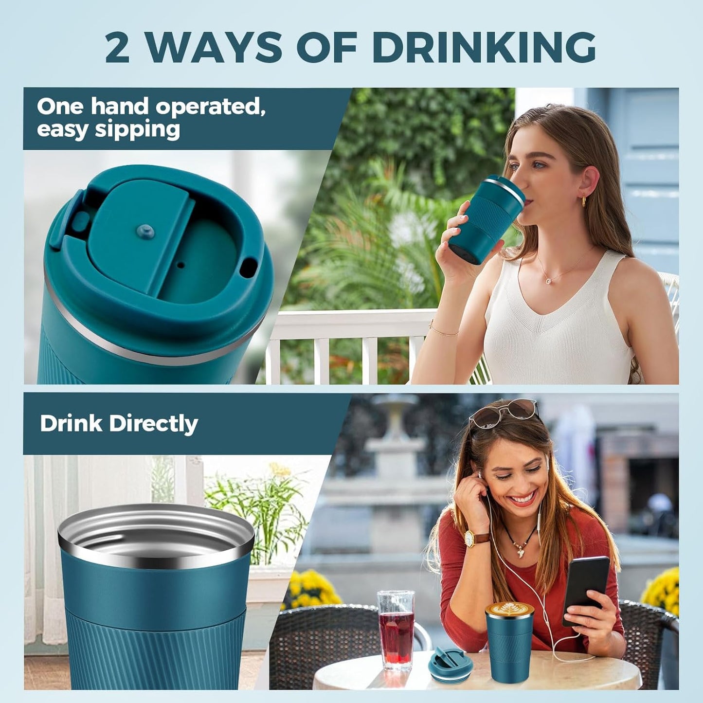 Volhoply 13 oz Stainless Steel Insulated Travel Coffee Mug with Fip Lid,Reusable Double Wall Vacuum Metal Coffee Cup,Portable to Go Leak Proof Cafe Thermal Tumbler for Hot & Cold Drinks(Bule,1)