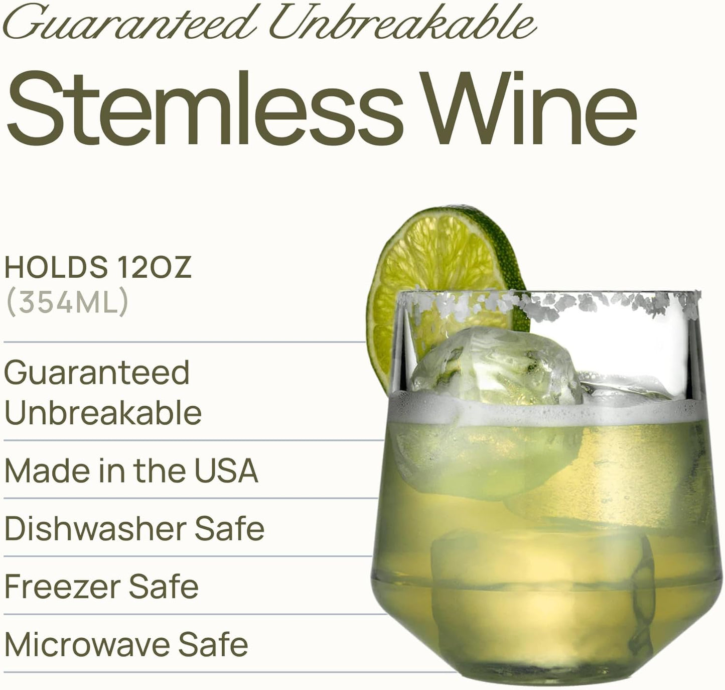 Drinique Unbreakable Stemless Wine Glasses (Set of 4) 12oz Tritan Plastic Stemless Glassware for Indoor or Outdoor Use - Amber