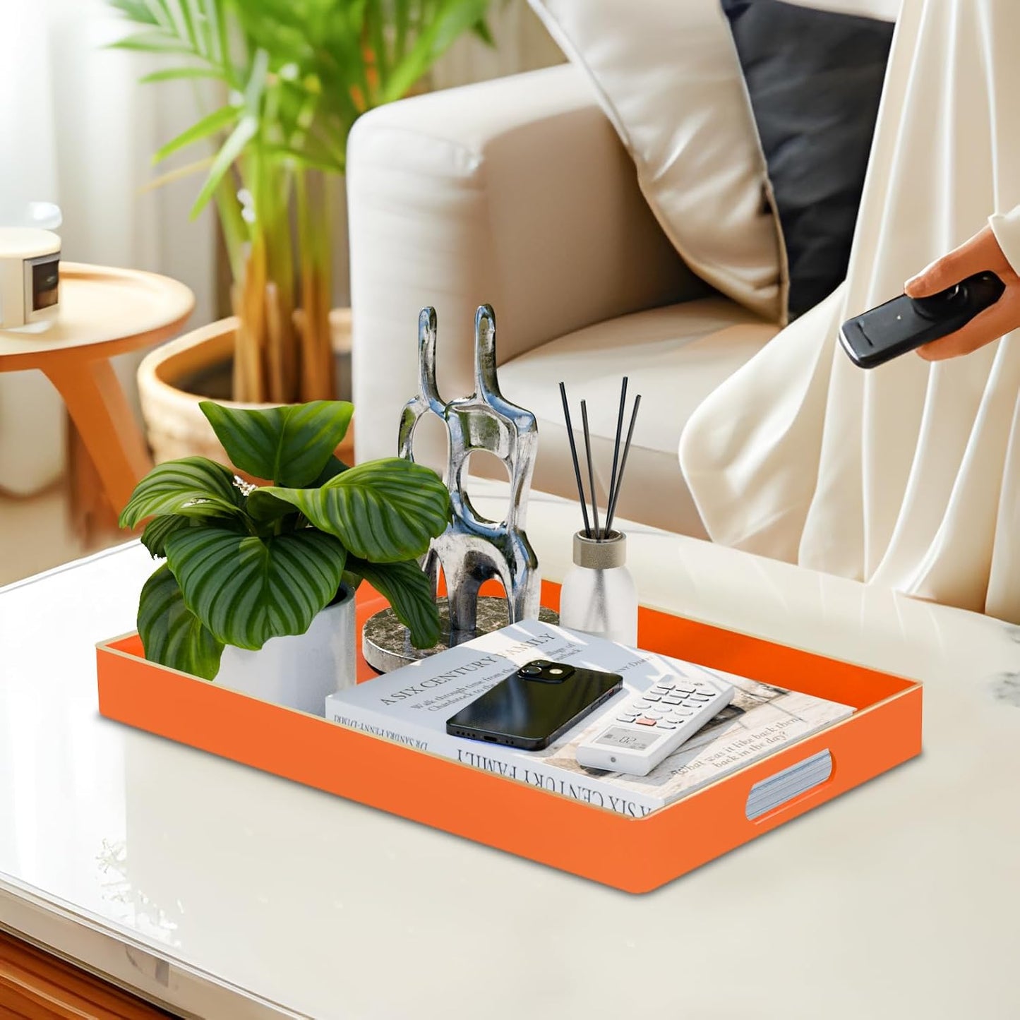 MAONAME Orange Serving Tray with Handles, Modern Decorative Trays for Coffee Table, Plastic Rectangular Trays for Ottoman, Bathroom, Halloween Decor, 15.8” x 10.2” x1.4