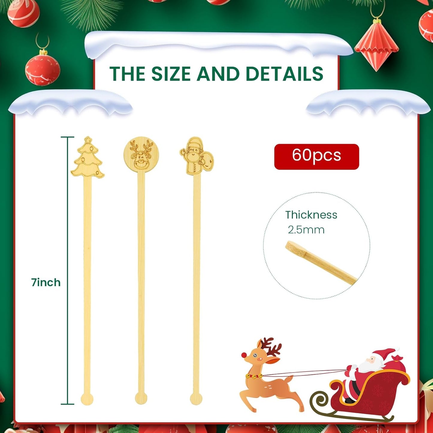 60 PCS Christmas Bamboo Coffee Blender 7 Inch Bamboo Blender Cocktail Blender Biodegradable Disposable Drink Blender for Christmas Office Milk Cocktail Tea Party Supplies