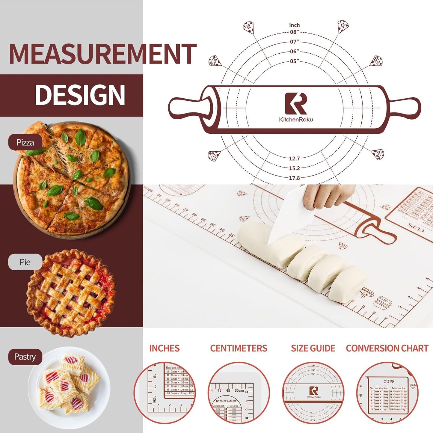 Silicone Baking Mat, Extra Thick Dough Rolling Pad with Measurements and Edge Heightening, Non-stick Food Grade Silicone Pastry Mat for Pastry, Bread, Cookies (Transparent, 16"L x 24"W)