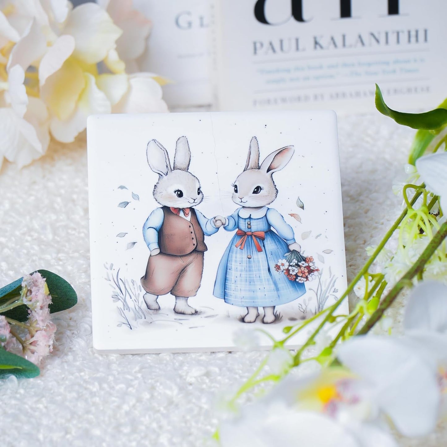 Ceramic Coasters Set of 4 – Square Drink Coasters with Cork Backing, 3.9x3.9 Inches – Decorative Printed Designs for Home, Office, or Gift Use (Mama Rabbit)
