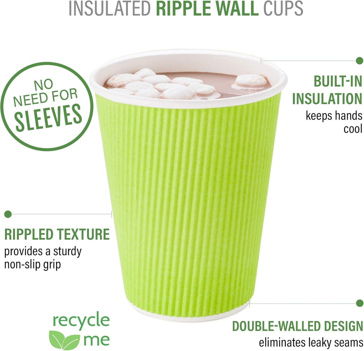 Restaurantware 8 Ounce Double Wall Disposable Coffee Cups, 25 Insulated Light Green Paper Cups with Ripple Wall Design, Lids Sold Separately, For Hot Beverages Like Tea, Hot Chocolate, & More