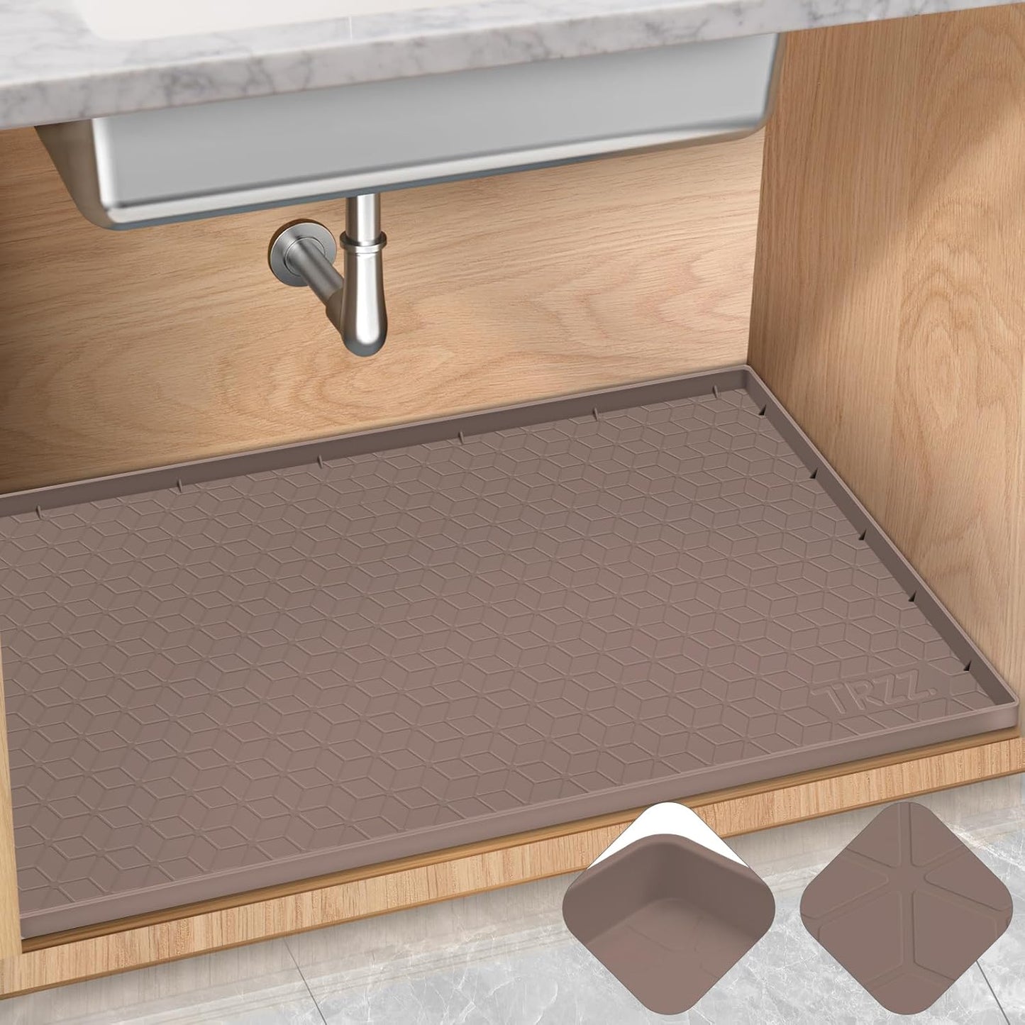 TRZZ Silicone Waterproof Under Sink Mat 28" x 22", Drip Tray and Cabinet Liner for Kitchen and Bathroom, Prevents Water Damage and Organizes Cabinets (Brown)