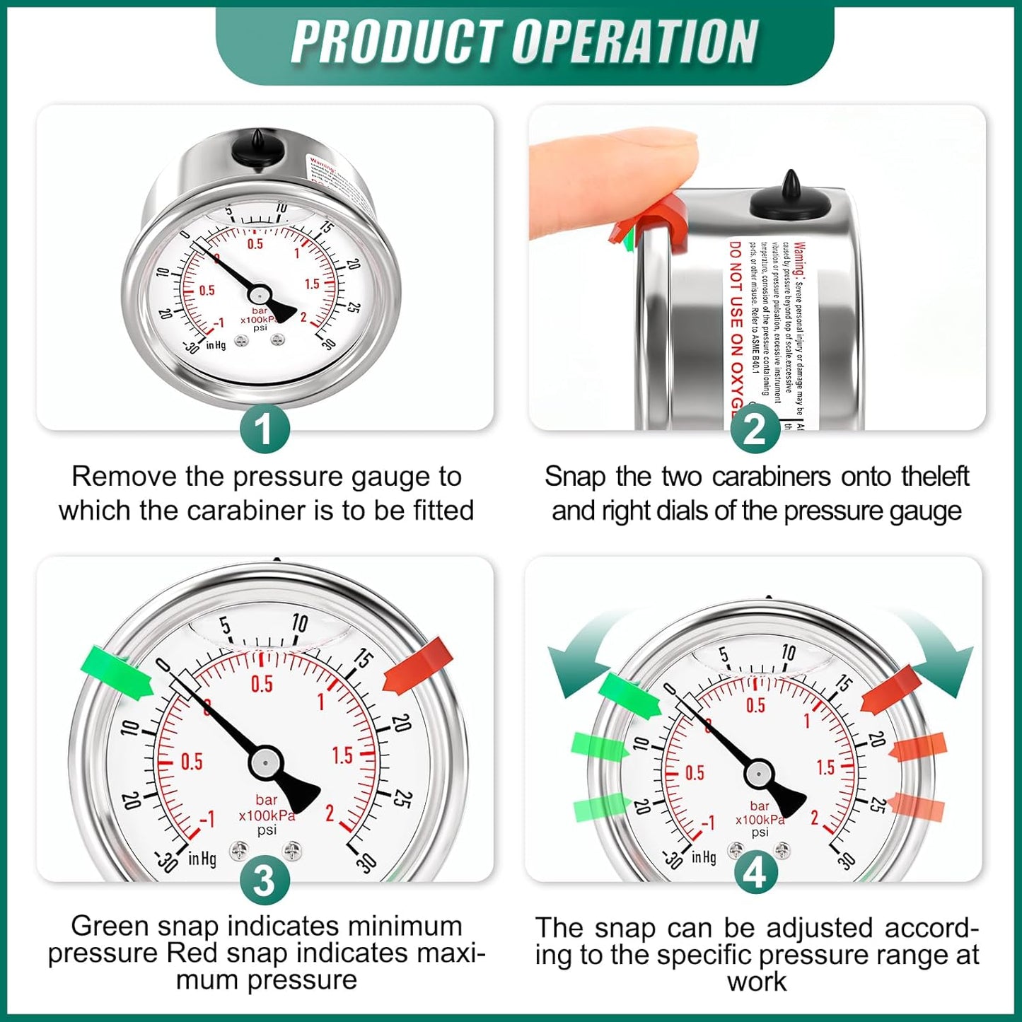 '-30inHG-30PSI Stainless Steel Liquid Filled Pressure Gauge, 2.5" Dial Size, 1/8" NPT Back Mount, for Tube, Water Pump, Gas, Liquid, Pressure Test (with Range Mark Pointer)