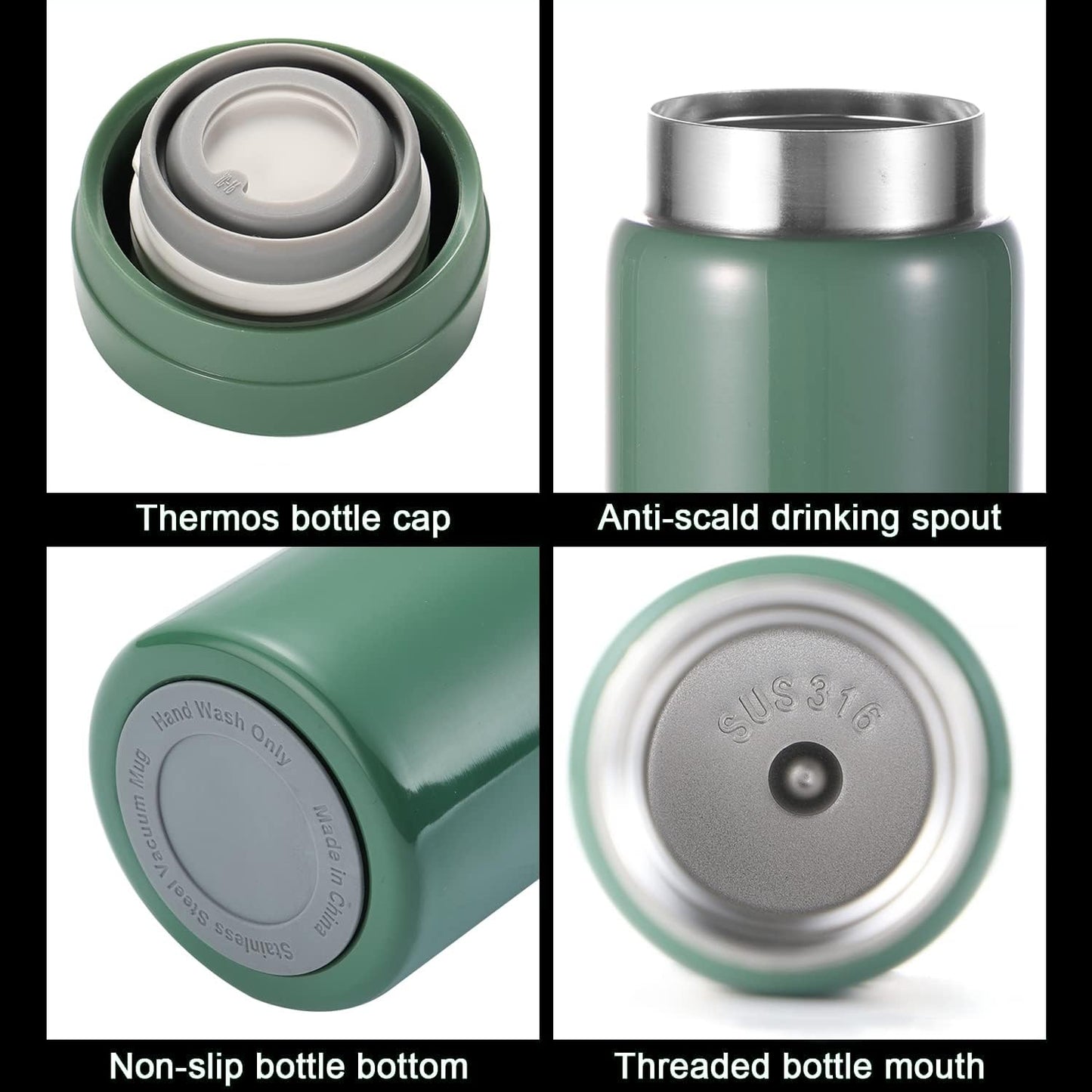 10oz Mini Water Bottle Stainless Steel Thermos Small Flask - Insulated Vacuum, Leak Proof, Keeps Drinks Hot/Cold - Ideal for Coffee, Tea, Water - Green