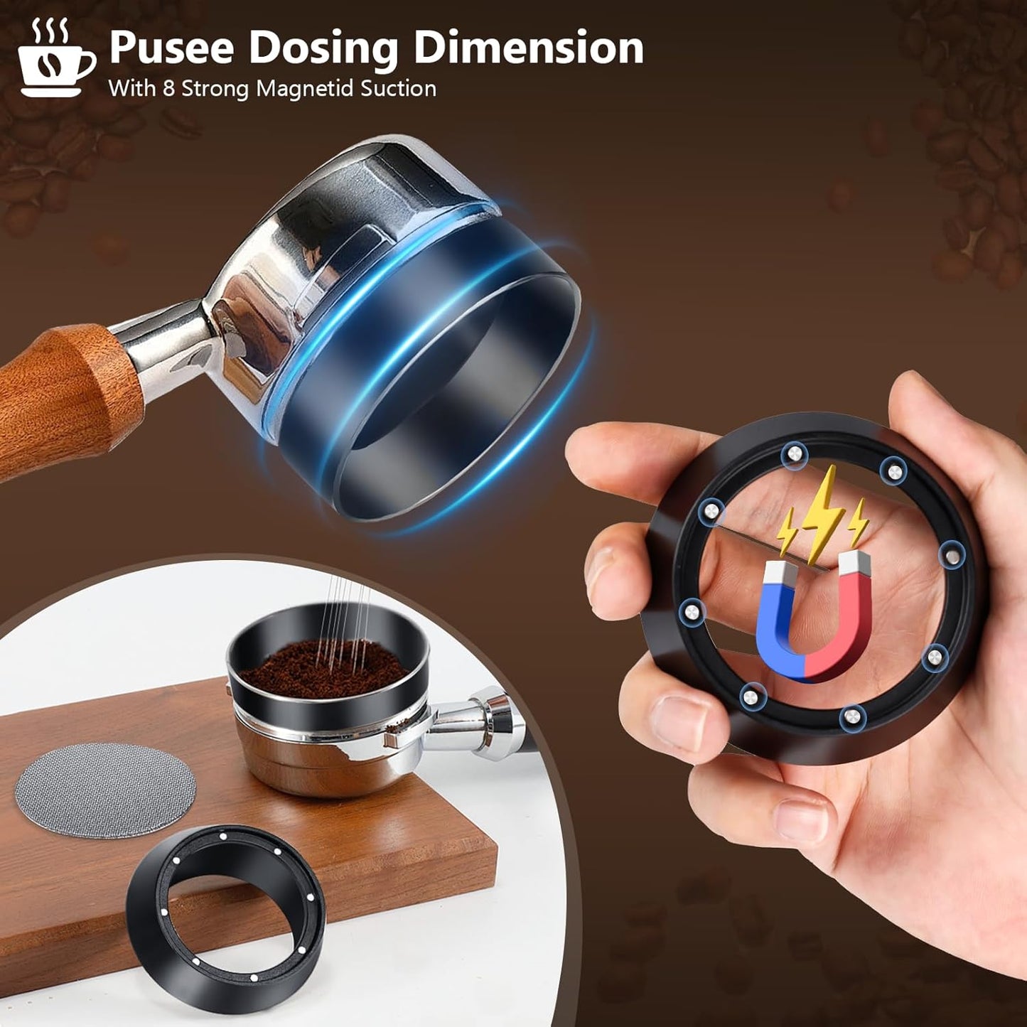 WDT Tool Espresso Distributor Accessory kit &1.7mm Thickness 150μm Mesh Puck Screen & 8 Magnets dosing ring Compatible with Portafilter (WDT +58MM Black dosing ring&puck screen)