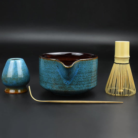Artcome 4 Pcs Complete Matcha Tea Ceremony Kit for Japanese Tea Ceremony, Bowl with Pouring Spout, Whisk, Whisk Holder, Tea Scoop, Matcha Tea Set For Making Usucha, Koicha and Matcha Latte (Sapphire)