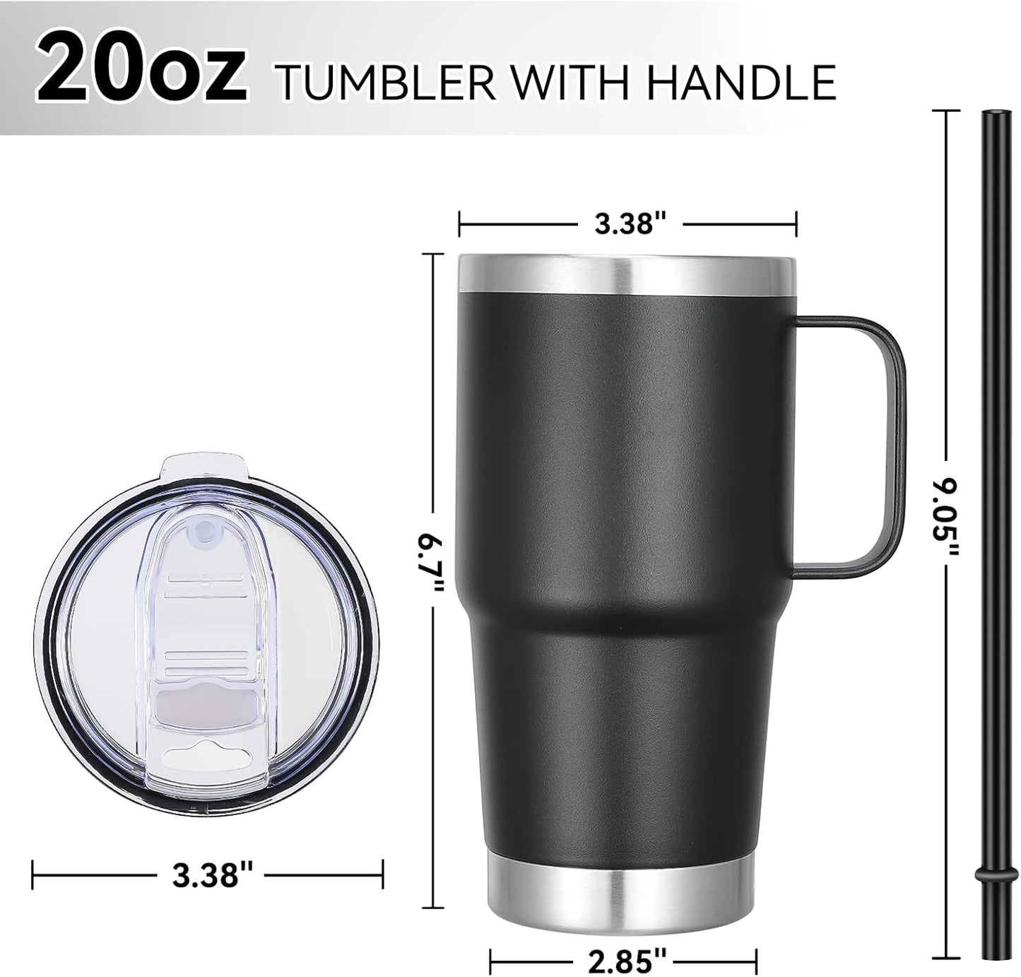 VEGOND 20 oz Tumbler with Handle Lid and Straw, Stainless Steel Insulated Travel Coffee Mug Spill Proof Double Wall Metal Tumbler Cup Keeps Drink Hot and Cold, Black 1 Pack