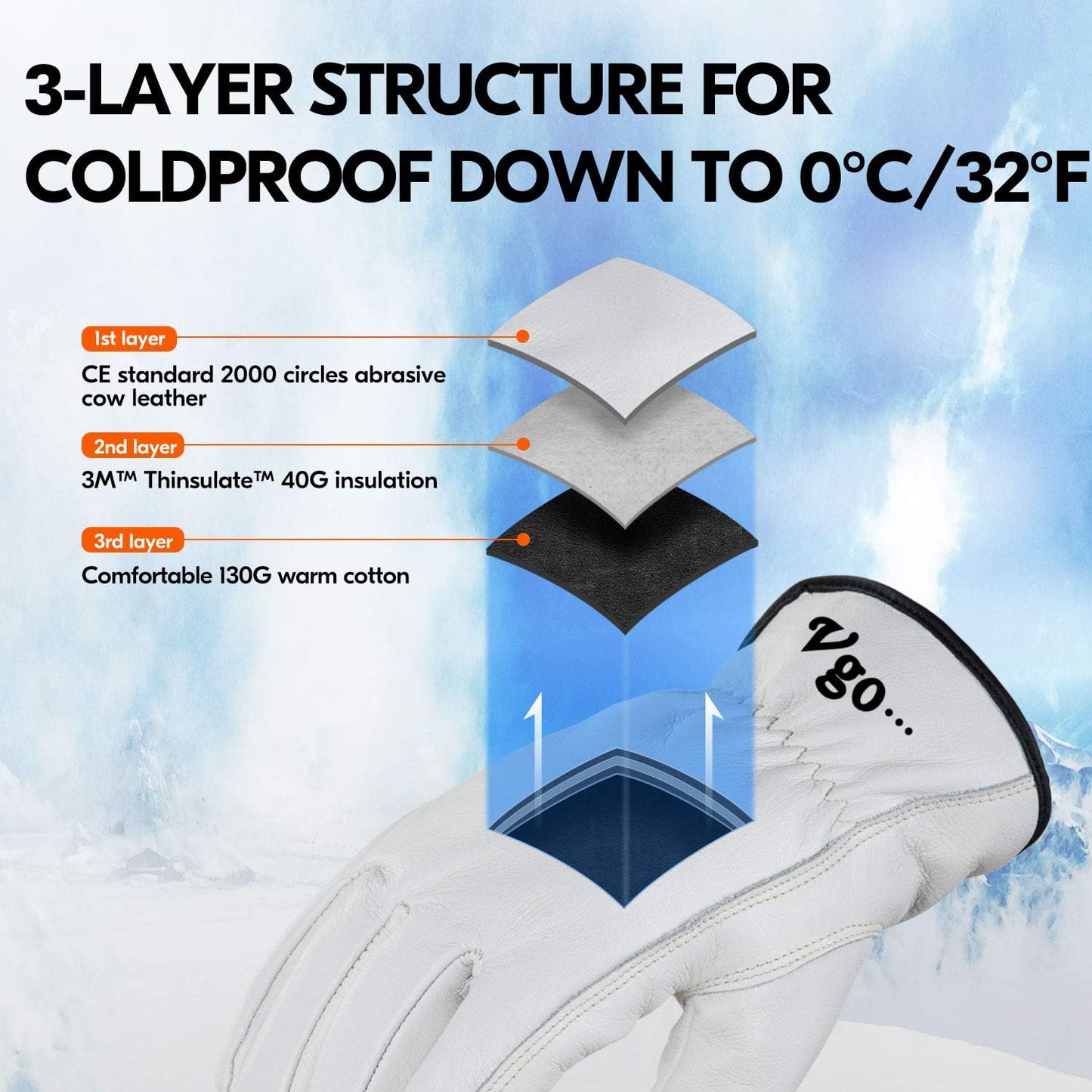 Vgo... Lined Winter Cow Grain Leather Gloves, 32℉ or Above (1 Pair,Size L, Cream, CA9501F)
