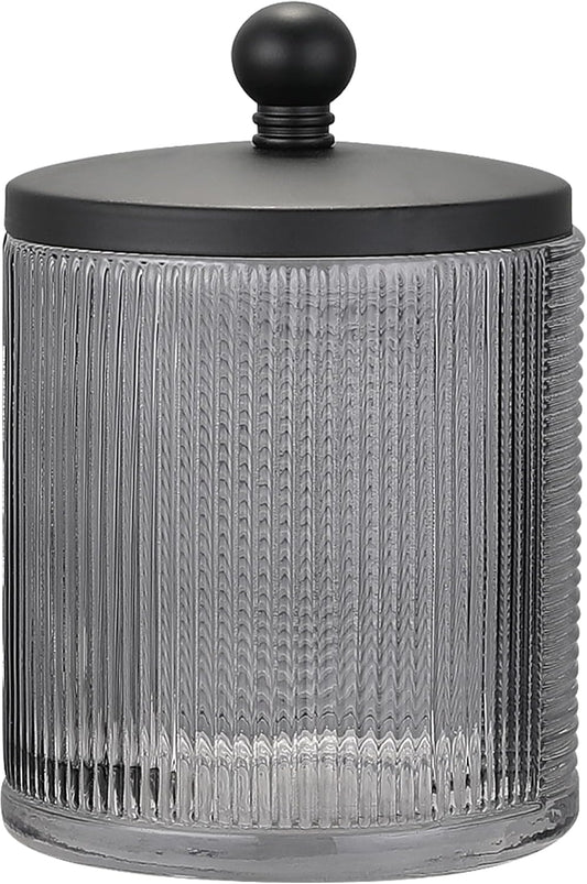 Glass Jar with Metal Lid for Bathroom Organization, Clear Apothecary Jar for Cotton Balls, Q Tips, and Small Accessories, Stylish Bathroom Storage Container Grey, Black