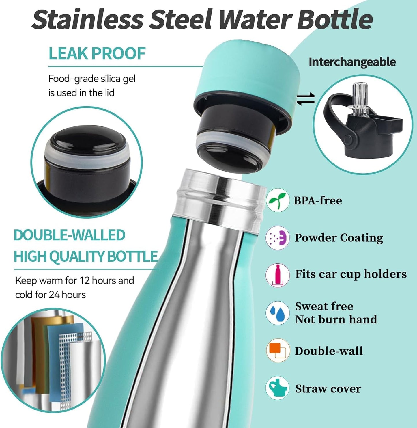 Insulated Water Bottle, 2 Pack-12oz Stainless Steel Water Bottles with straw lid, Metal Sports Water Bottles for Boys,Girls, Double Wall Vacuum BPA-Free Flask for School,Sports (Pink-Green)