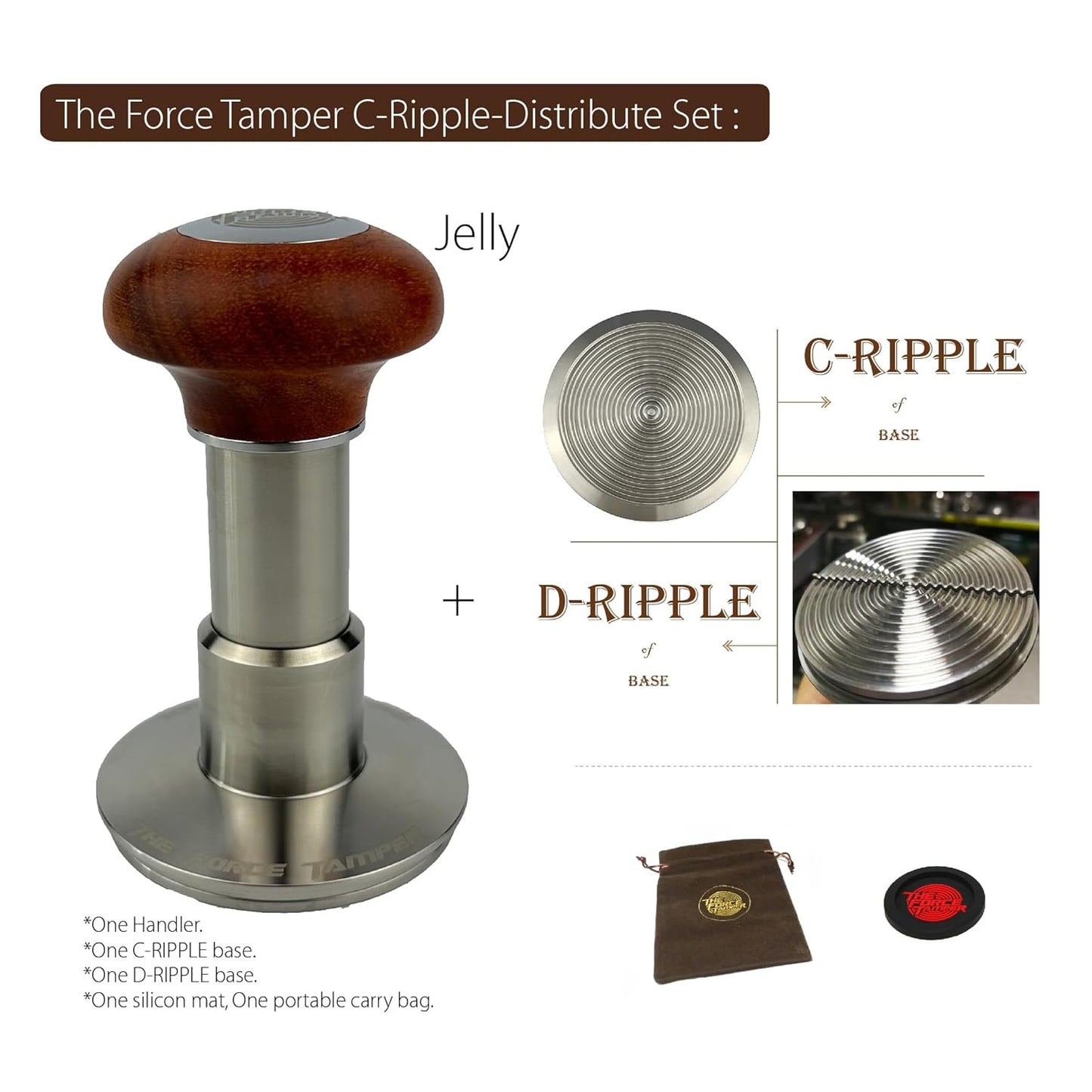 The Force Tamper Automatic Impact Adjustable Constant Pressure and Autoleveling Coffee Tamper Reddish Brown Jellyfish Wooden Handle Set Pro (C-Ripple Distribute Set, 58.35mm)