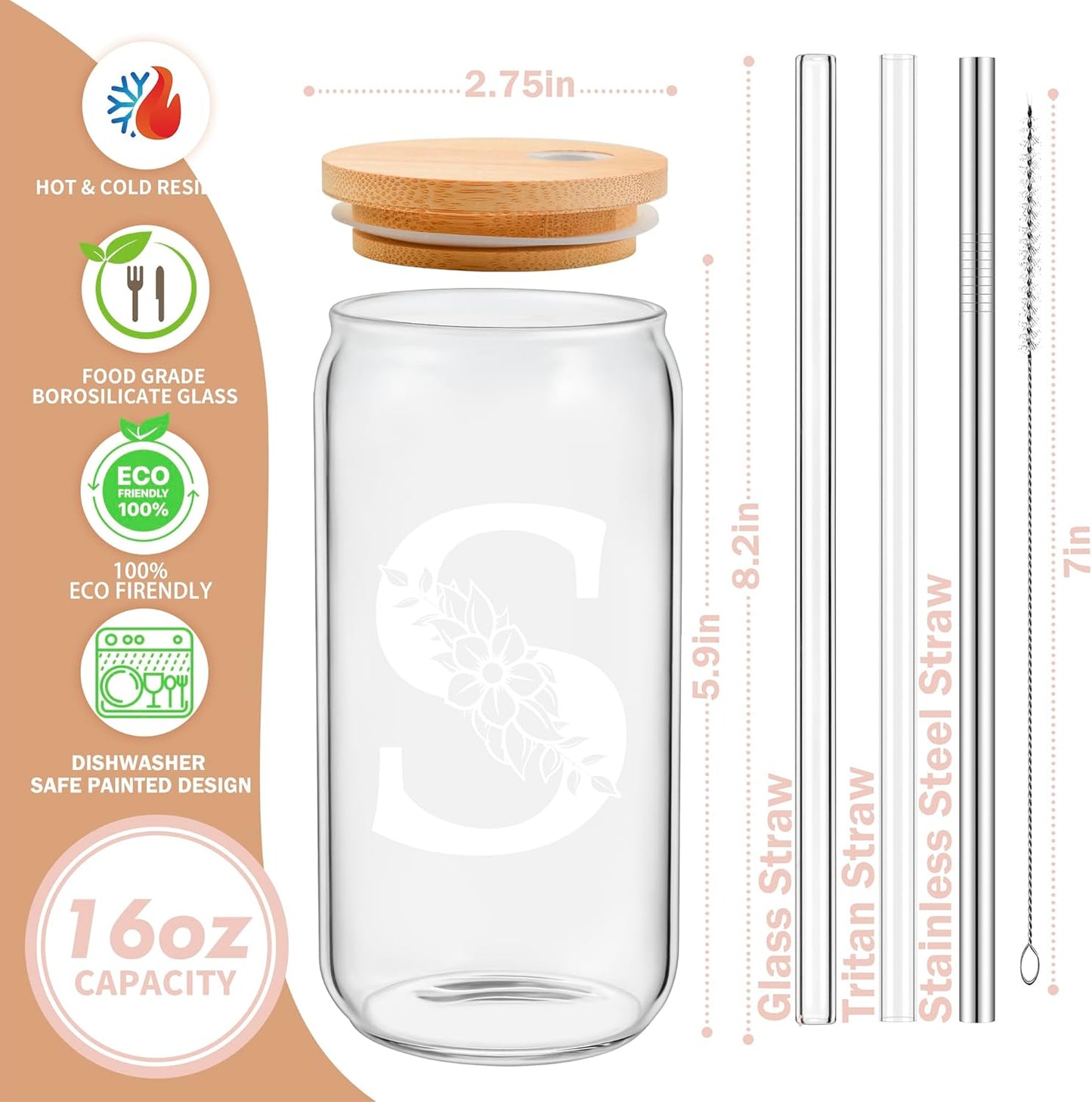 Personalized Gifts for Women, Monogrammed Glass Cups with Lids and Straws, Custom Tumbler, Cute Customized Mug, Aesthetic Stuff, Initial Iced Coffee Cup, Drinking Glasses, Birthday Teacher Gifts, N