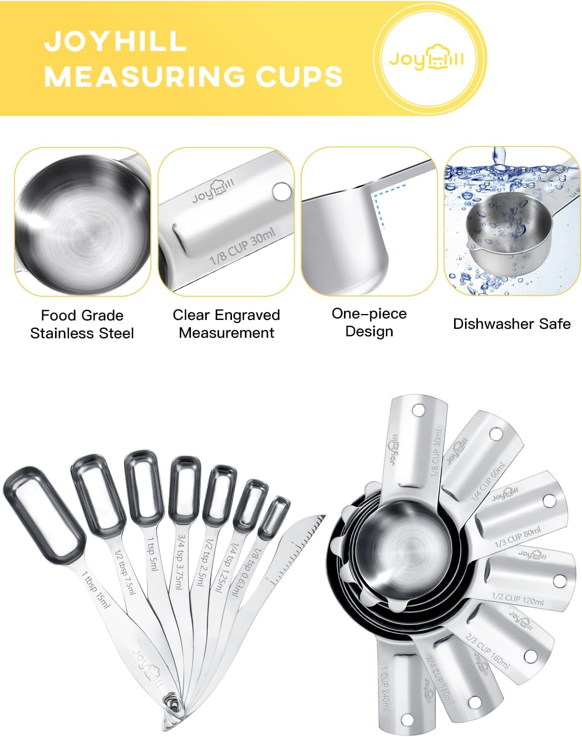 Joyhill Measuring Cups and Spoons Set of 15 Piece, Metal Stainless Steel Measuring Cups and Spoons Set for Baking Cooking, Dry and Liquid Ingredients