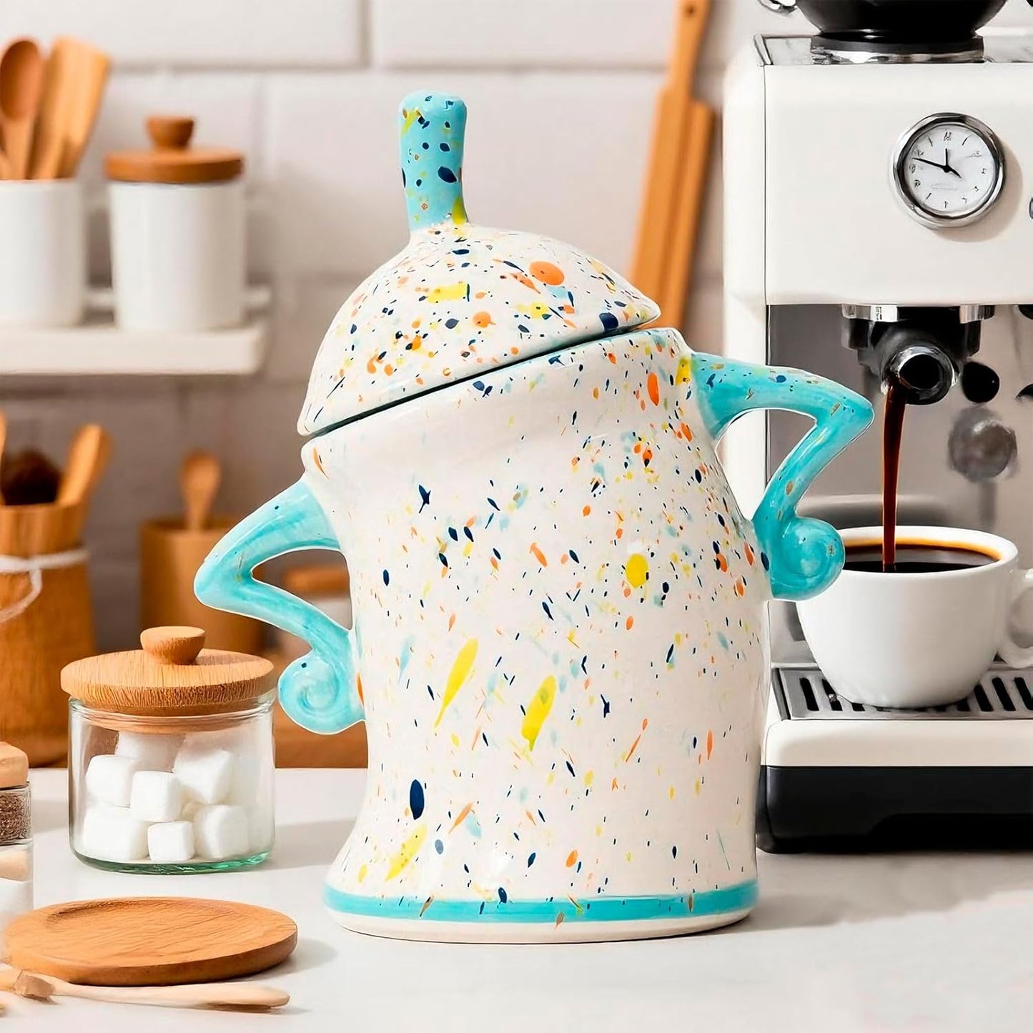 Canister With Attitude,Large Capacity Cute Sassy Storage Canister,Interesting food jars, stylish airtight large ceramic lids, coffee, tea, sugar and spice storage jars with spoons (Cyan)