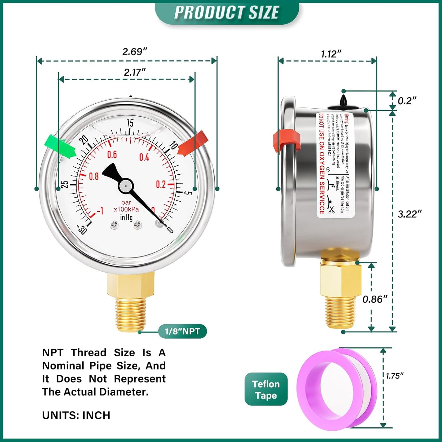 '-30inHG~0Psi Stainless Steel Liquid Filled Pressure Gauge, 2.5" Dial Size, 1/8" NPT Lower Mount, for Tube, Water Pump, Gas, Liquid, Pressure Test (with Range Mark Pointer)