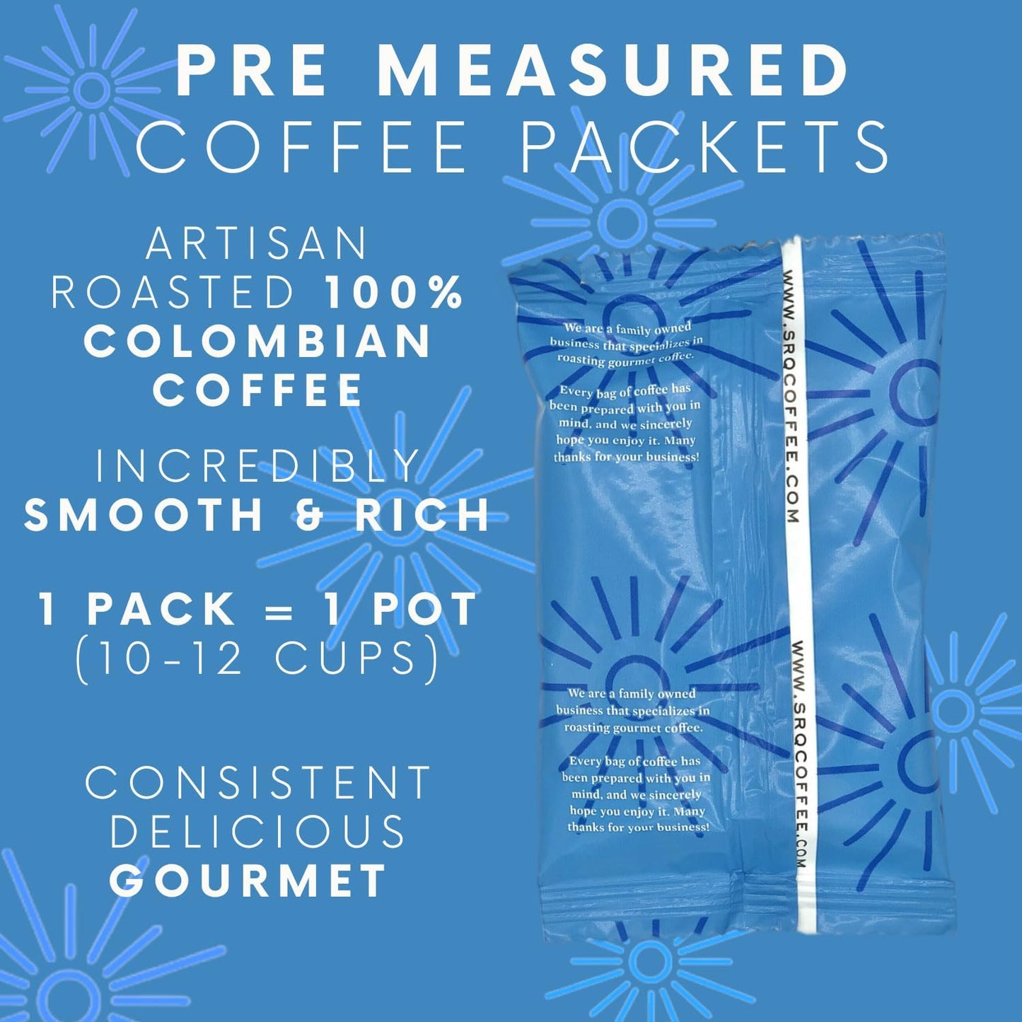 SARASOTA COFFEE & TEA CO. Packets, Pre Ground Coffee Packs, Premium 100Percent Colombian Medium Roast, Bulk Single Pot Bags for Drip Coffee Makers, (2 oz Bags, Pack of 36)