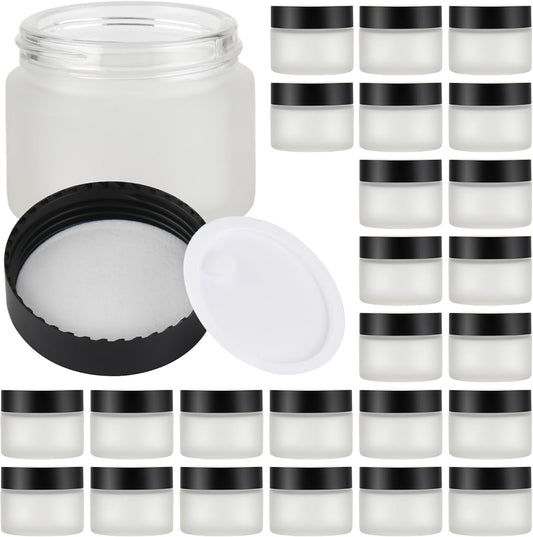 Glass Jars with Lids,Eco-Friendly Cosmetic Containers with Airtight Black Lids & Liners, Multi-Color Options for Cream, Lotion, Body Butter, DIY Skincare Travel Jars (Clear Frosted, 2oz)