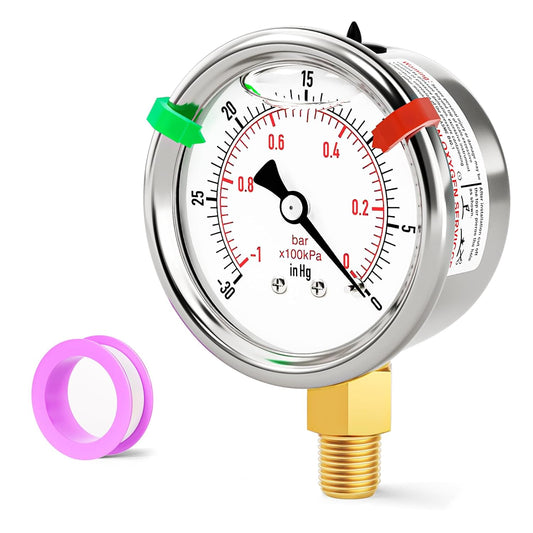 '-30inHG~0Psi Stainless Steel Liquid Filled Pressure Gauge, 2.5" Dial Size, 1/8" NPT Lower Mount, for Tube, Water Pump, Gas, Liquid, Pressure Test (with Range Mark Pointer)