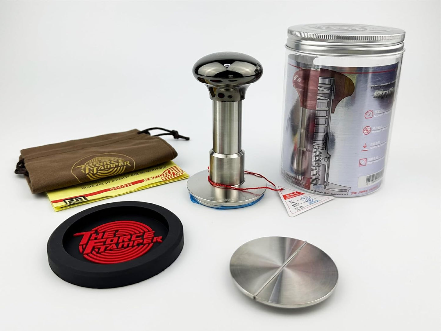 The Force Tamper Automatic Impact Adjustable Constant Pressure and Autoleveling Coffee Tamper Black Mirror Jellyfish AL Handle Set Pro (Flat-Distribute Set, 54.00mm)