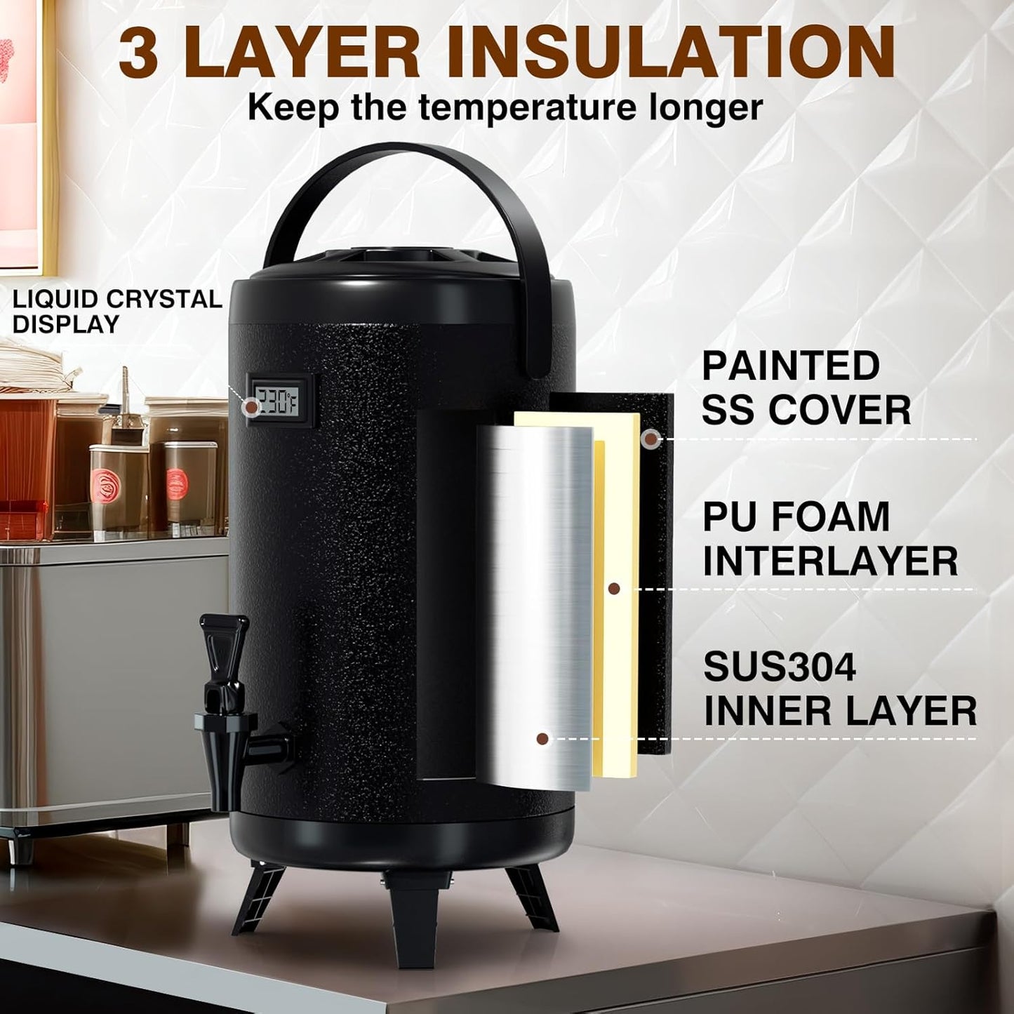 WantJoin 2-pack Insulated Beverage Dispenser-Thermal Hot and Cold Beverage Dispenser Tea Dispenser Stainless Steel 12L/3.2Gal Hot Drink Dispenser with Spigot for Hot Tea&Coffee,Cold Milk,Juice Black