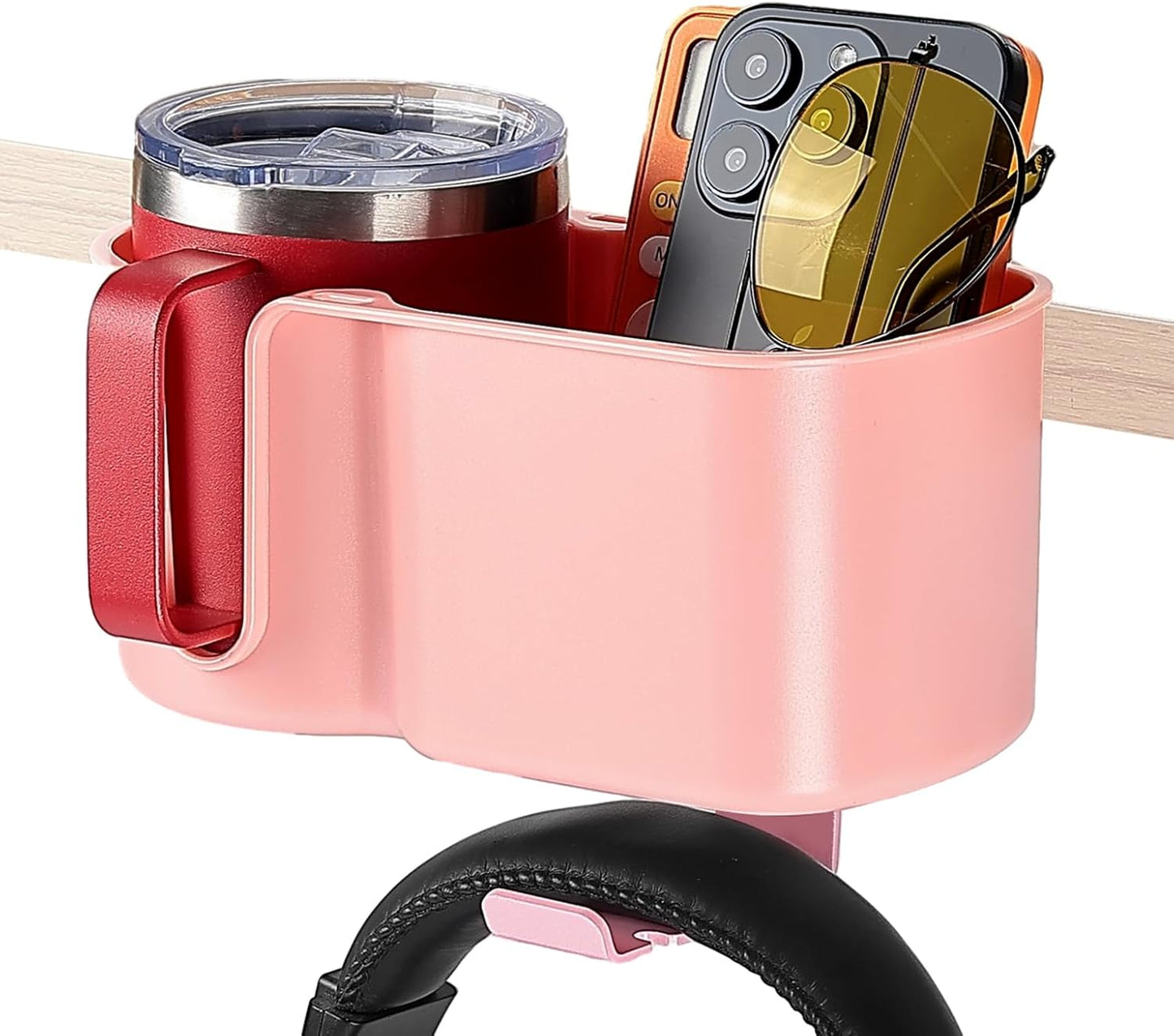 KEMIMOTO Desk Cup Holder with Headphone Hanger, 2 in 1 Caddy Organizer for Office Table, Lawn Chair, Golf Cart, Pontoon Boat, Fit for Most 18-32 oz Bottles