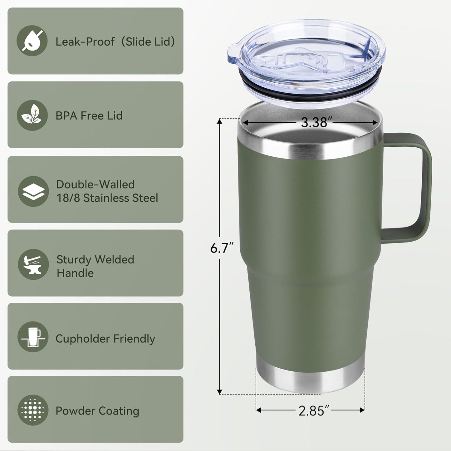 HASLE OUTFITTERS 20oz Tumbler Bulk with Lid, Stainless Steel Tumbler Bulk with Handle, Metal Insulated Travel Coffee Mug Set with Handle, Double Wall Vacuum Leak Proof Tumbler Cup, Amy Green 6 Pack
