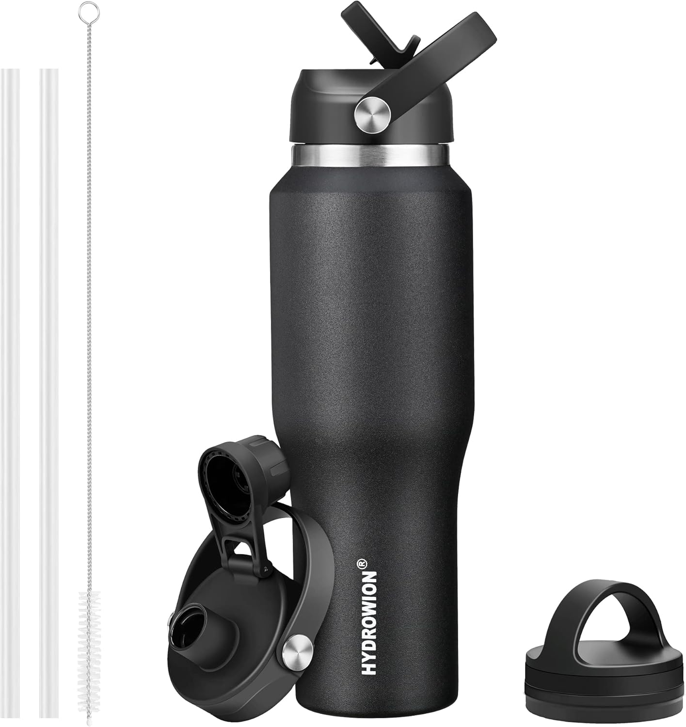 HYDROWION 32oz Stainless Steel Water Bottle(Cold for 48 Hrs, Hot for 24 Hrs),Double Wall Vacuum Insulated Water Bottle with Straw Lid, Spout Lid and Flex Cap, Fit in Any Car Cup Holder,Black
