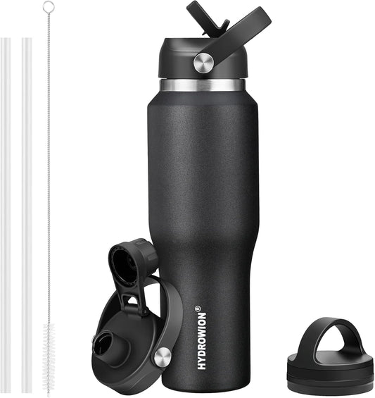 HYDROWION 32oz Stainless Steel Water Bottle(Cold for 48 Hrs, Hot for 24 Hrs),Double Wall Vacuum Insulated Water Bottle with Straw Lid, Spout Lid and Flex Cap, Fit in Any Car Cup Holder,Black