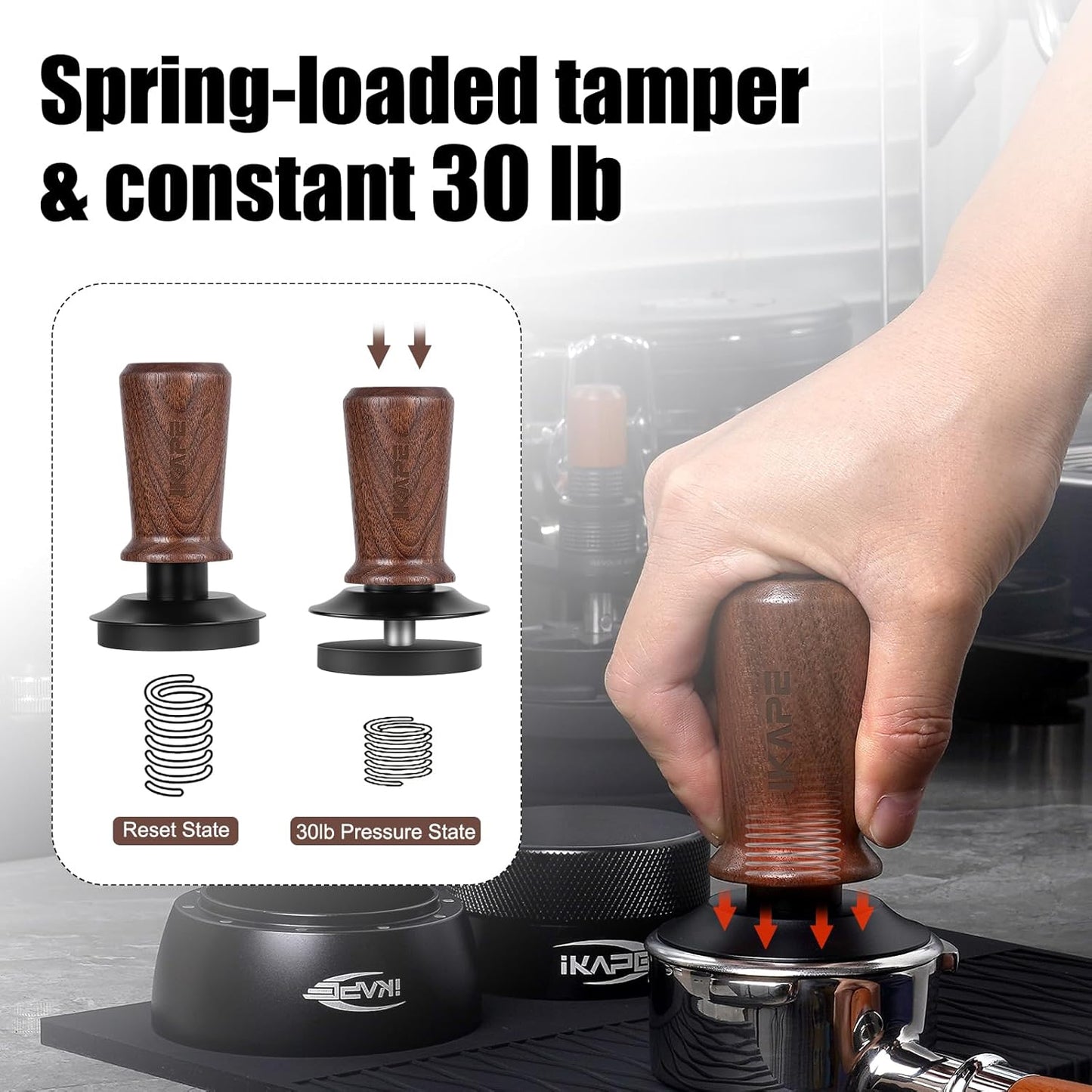 IKAPE 53.3mm Espresso Tamper, Spring-loaded Calibrated Tamper with Walnut Handle, Titanium Ripple Plating Base, Fits for 54 Breville Espresso Machine Bottomless Portafilter