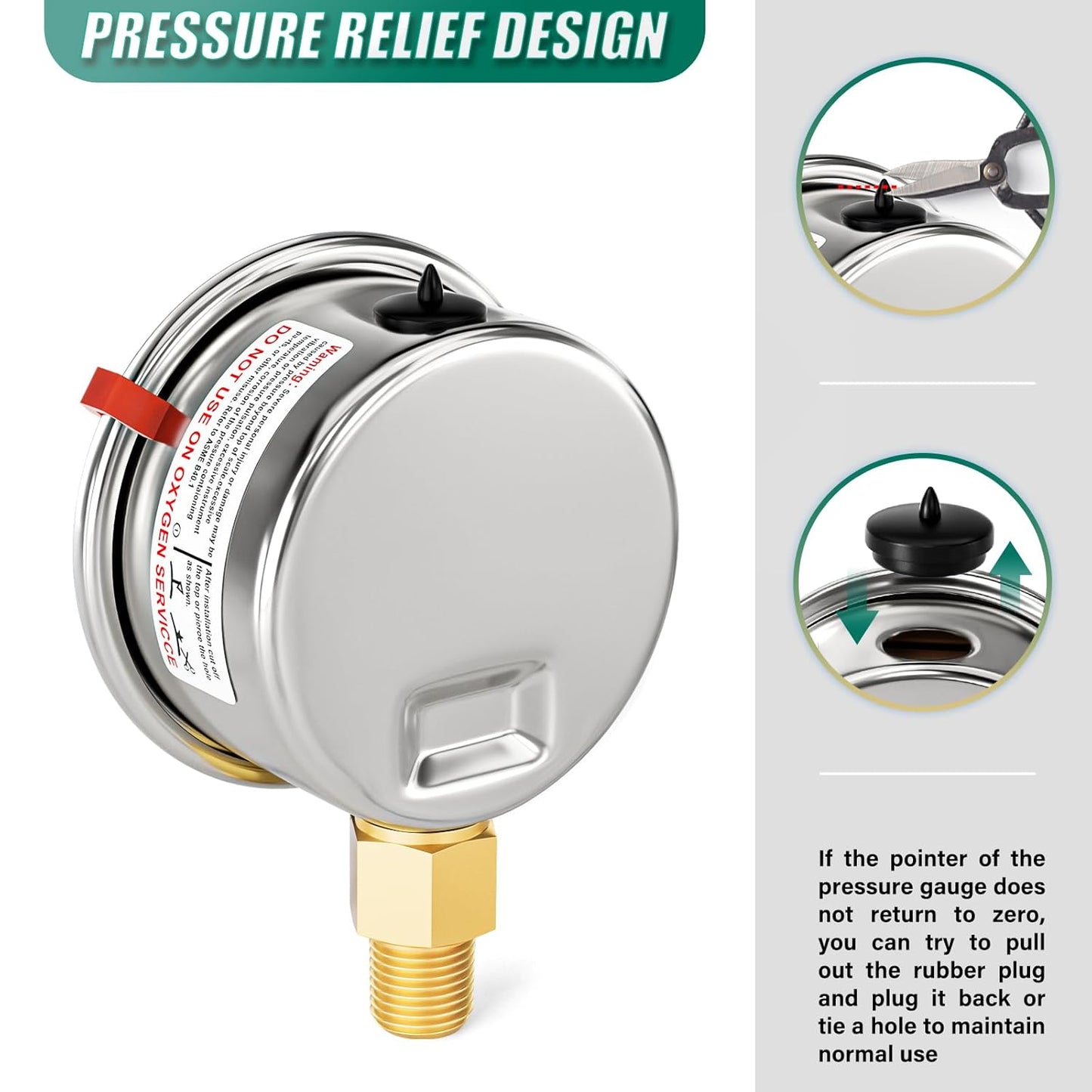 '-30inHG~0Psi Stainless Steel Liquid Filled Pressure Gauge, 2.5" Dial Size, 1/8" NPT Lower Mount, for Tube, Water Pump, Gas, Liquid, Pressure Test (with Range Mark Pointer)