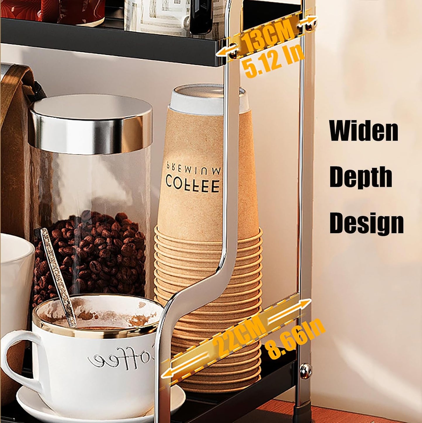 KISKIS Coffee Mug Cup Holder Space Saving 2-Tier Sturdy Stable Metal Storage Shelf, Prevent Falling Scratch Resistant Kitchen Rack Office Bathroom Desktop Organizer,Black+sliver