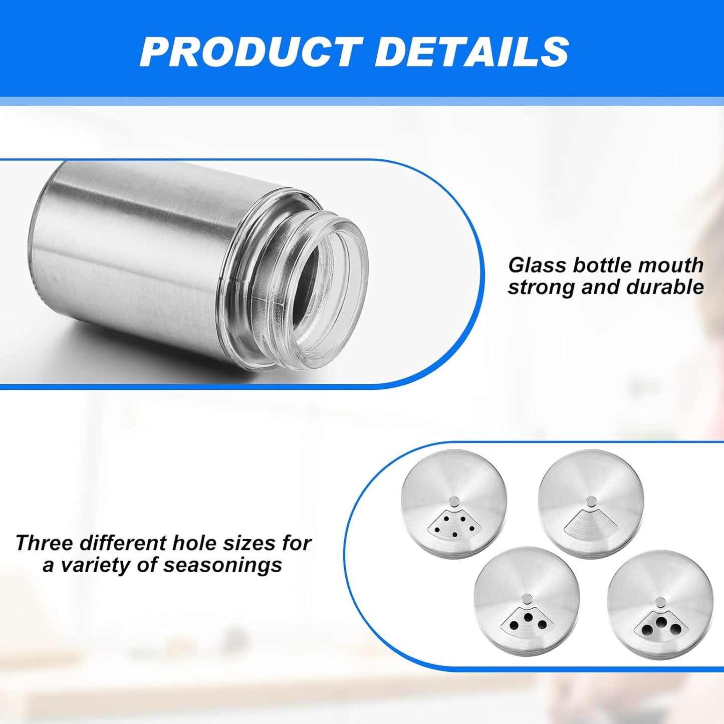 Dandat 12 Pcs Salt and Pepper Shakers Stainless Steel Spice Shakers with Adjustable Pour Holes and Glass Window 3.4oz Salt Dispenser Spice Jars with Rotating Lids for Sugar Seasoning Home